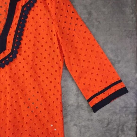J.Crew Women's XS Eyelet Tunic Top Bright Orange Navy Trim sunny season staple - Picture 7 of 10